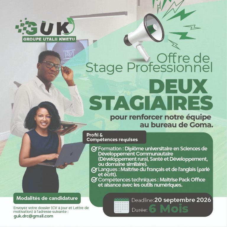 Cette opportunité unique s'inscrit pleinement dans le cadre de la nouvelle campagne du Groupe Utalii Kwetu asbl de recrutement à Goma, visant à renforcer nos équipes locales pour une durée de 6 mois.