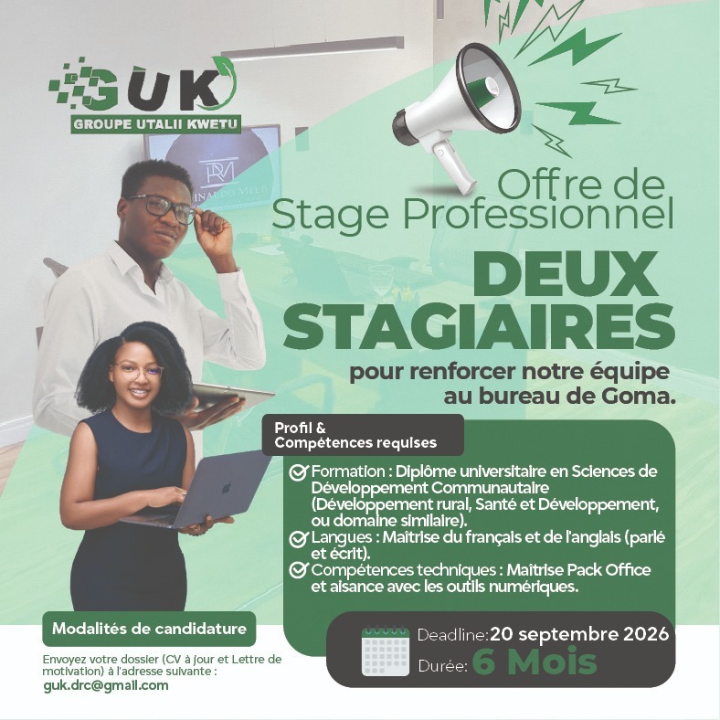 Cette opportunité unique s'inscrit pleinement dans le cadre de la nouvelle campagne du Groupe Utalii Kwetu asbl de recrutement à Goma, visant à renforcer nos équipes locales pour une durée de 6 mois.